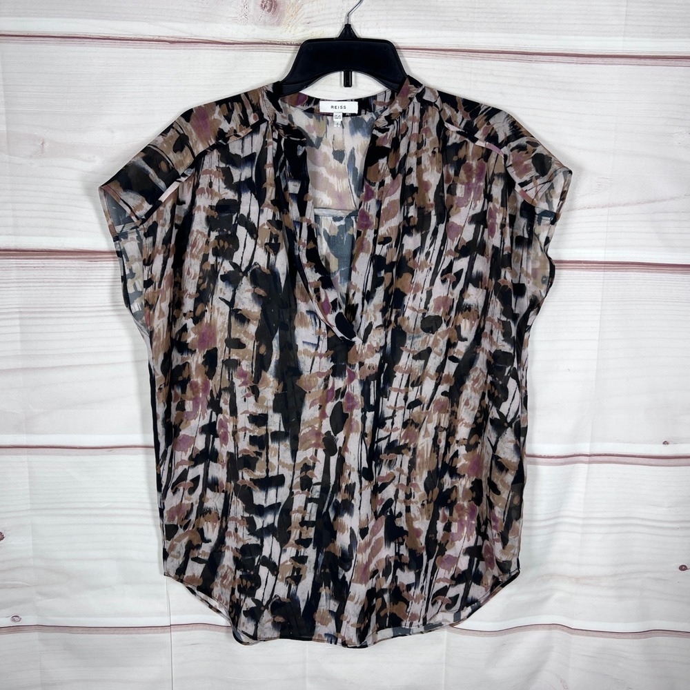 Reiss Blouse Womens 2 Multicolor Abstract Print V-Neck Cap Sleeve Chiffon Top